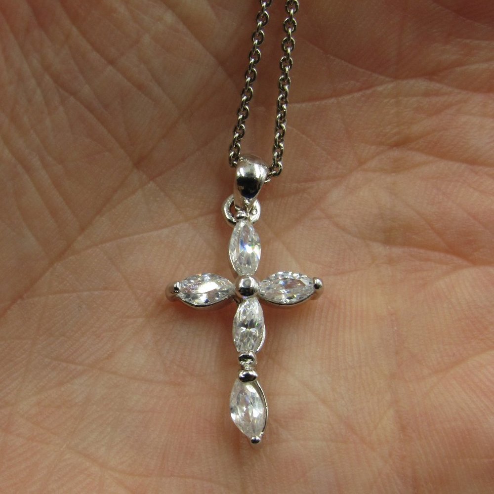 16" Sterling Silver Cubic Zirconia Cross Necklace - Picture 1 of 6